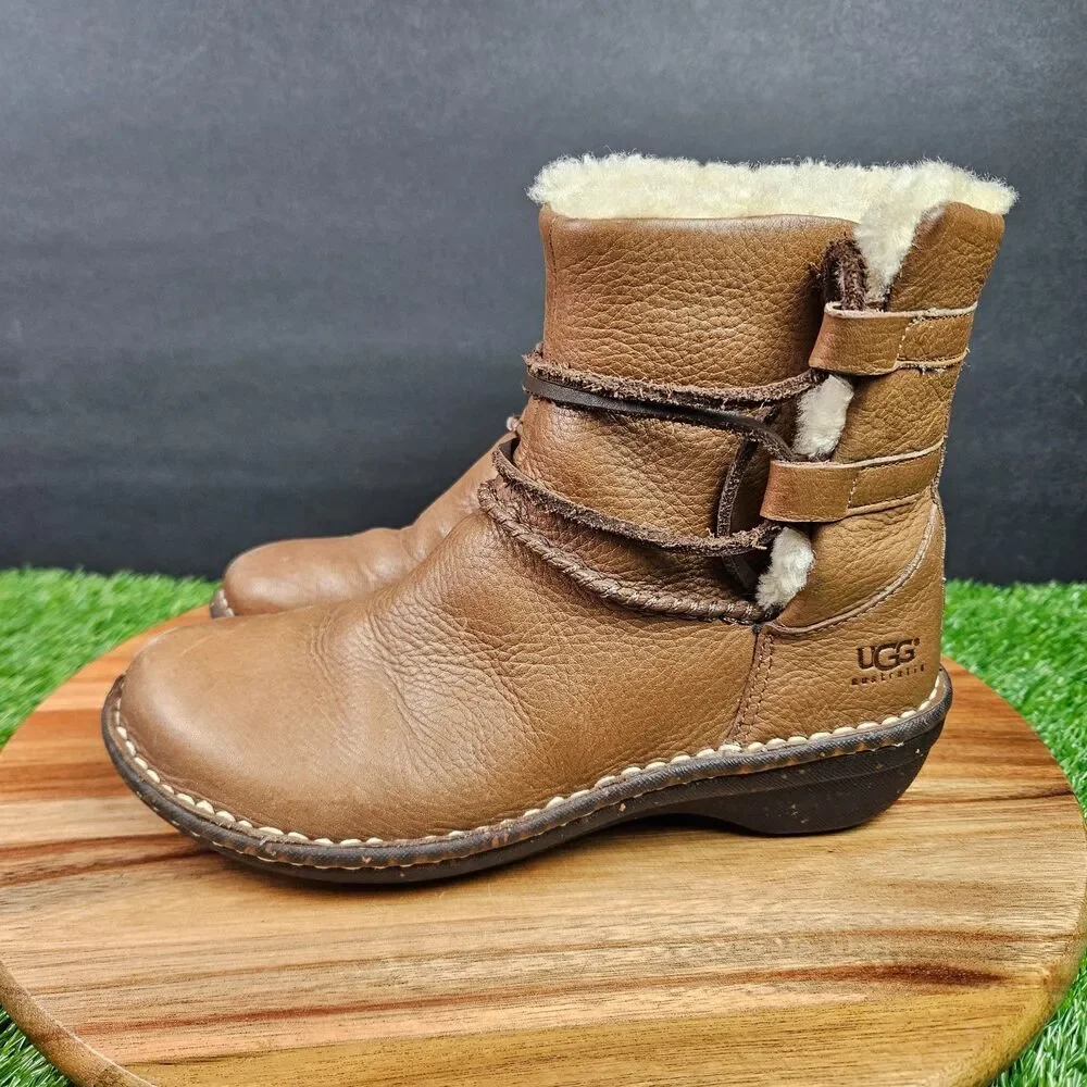 UGG Australia Caspia Boots Womens 5 Brown Leather Shearling Ankle Lace Up 1932